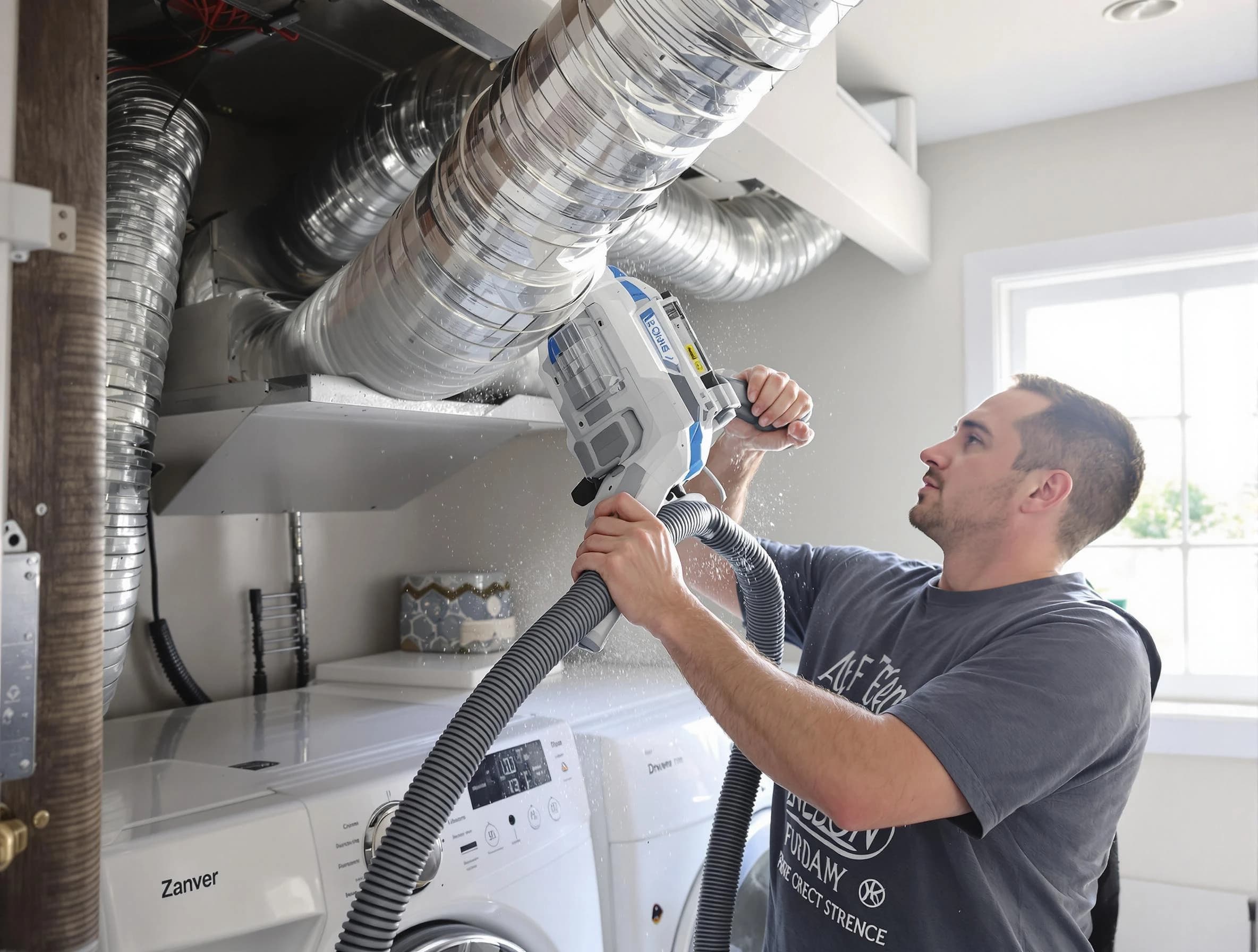Greensburg Dryer Vent Cleaning specialist cleaning deep within a dryer vent duct system in Greensburg