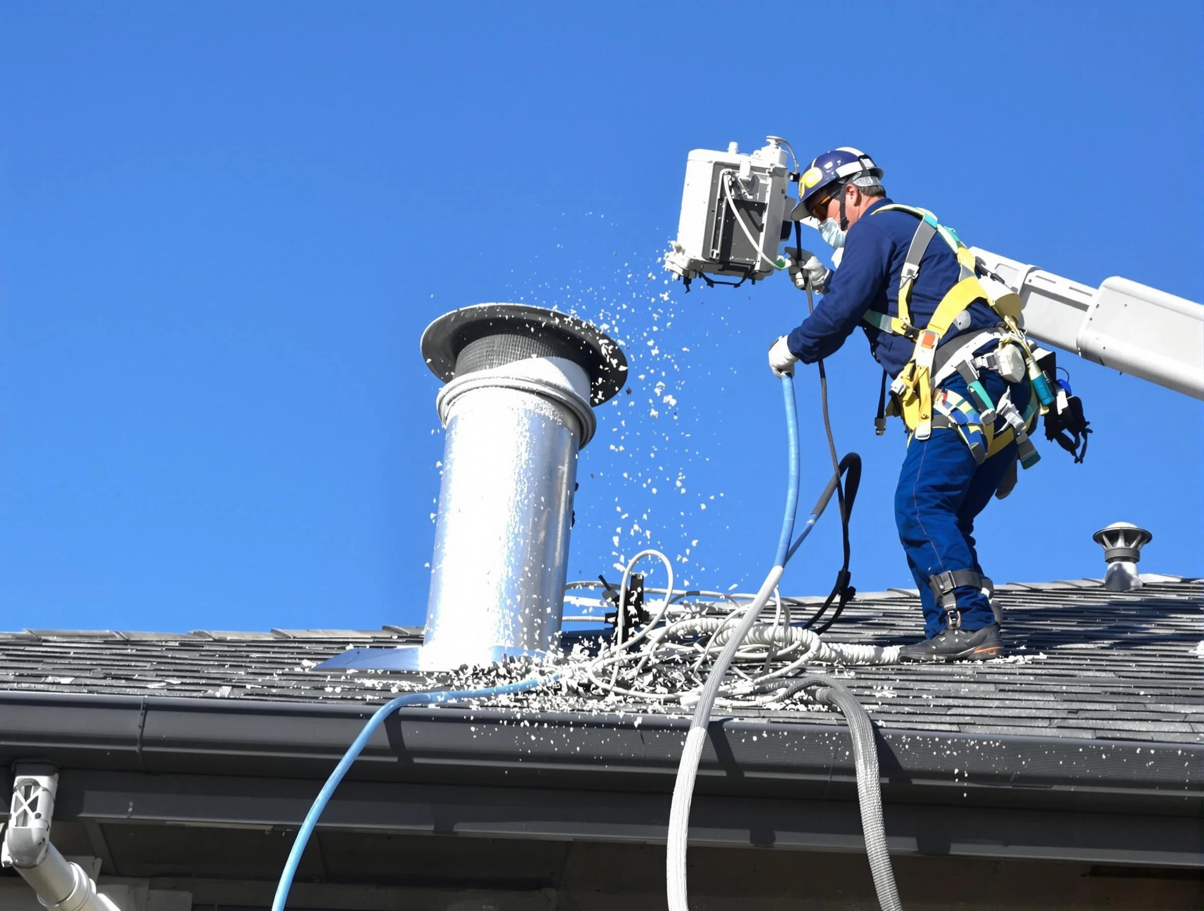 Greensburg Dryer Vent Cleaning certified technician safely cleaning a roof-mounted dryer vent in Greensburg