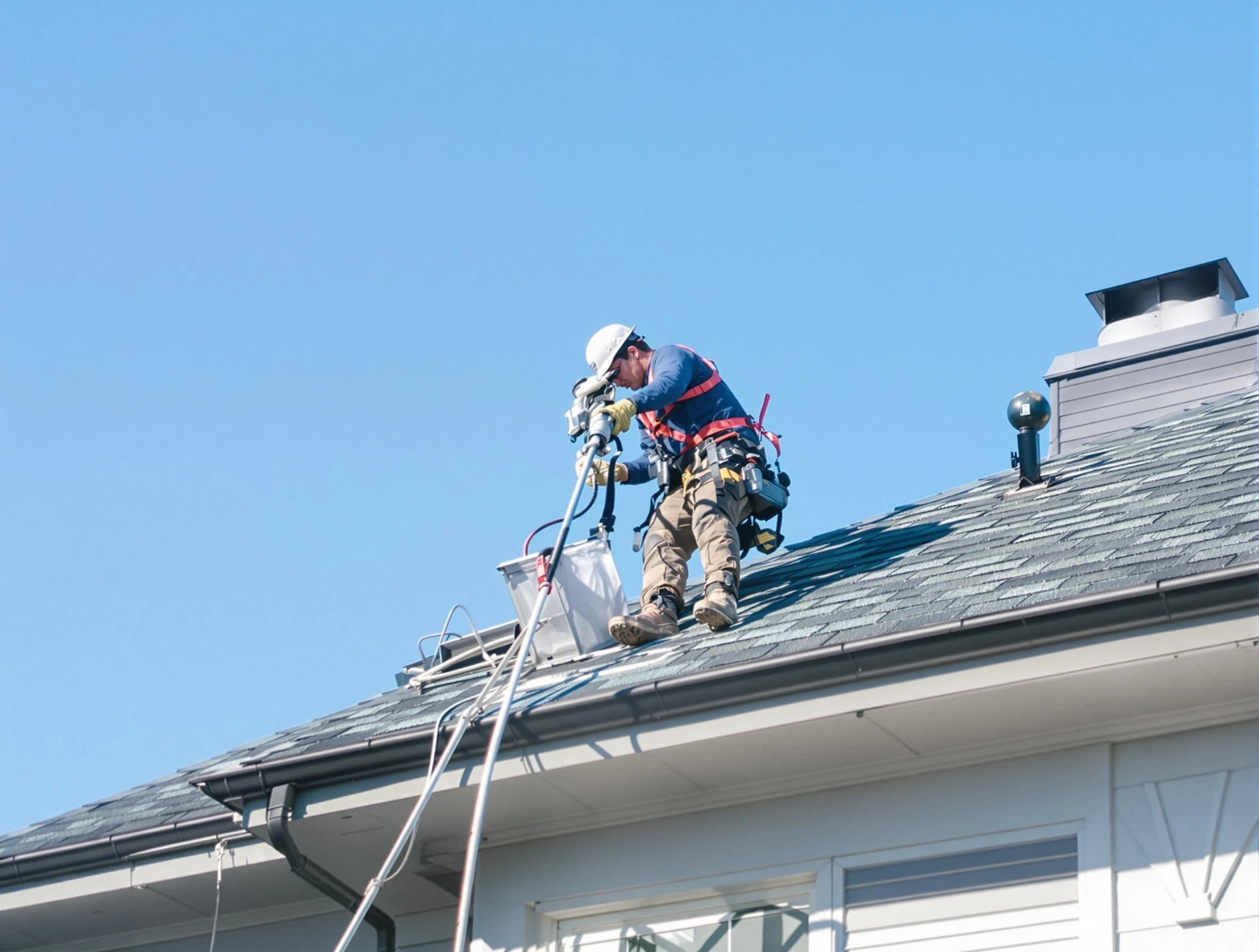 Greensburg Dryer Vent Cleaning certified technician cleaning a roof-mounted dryer vent system in Greensburg