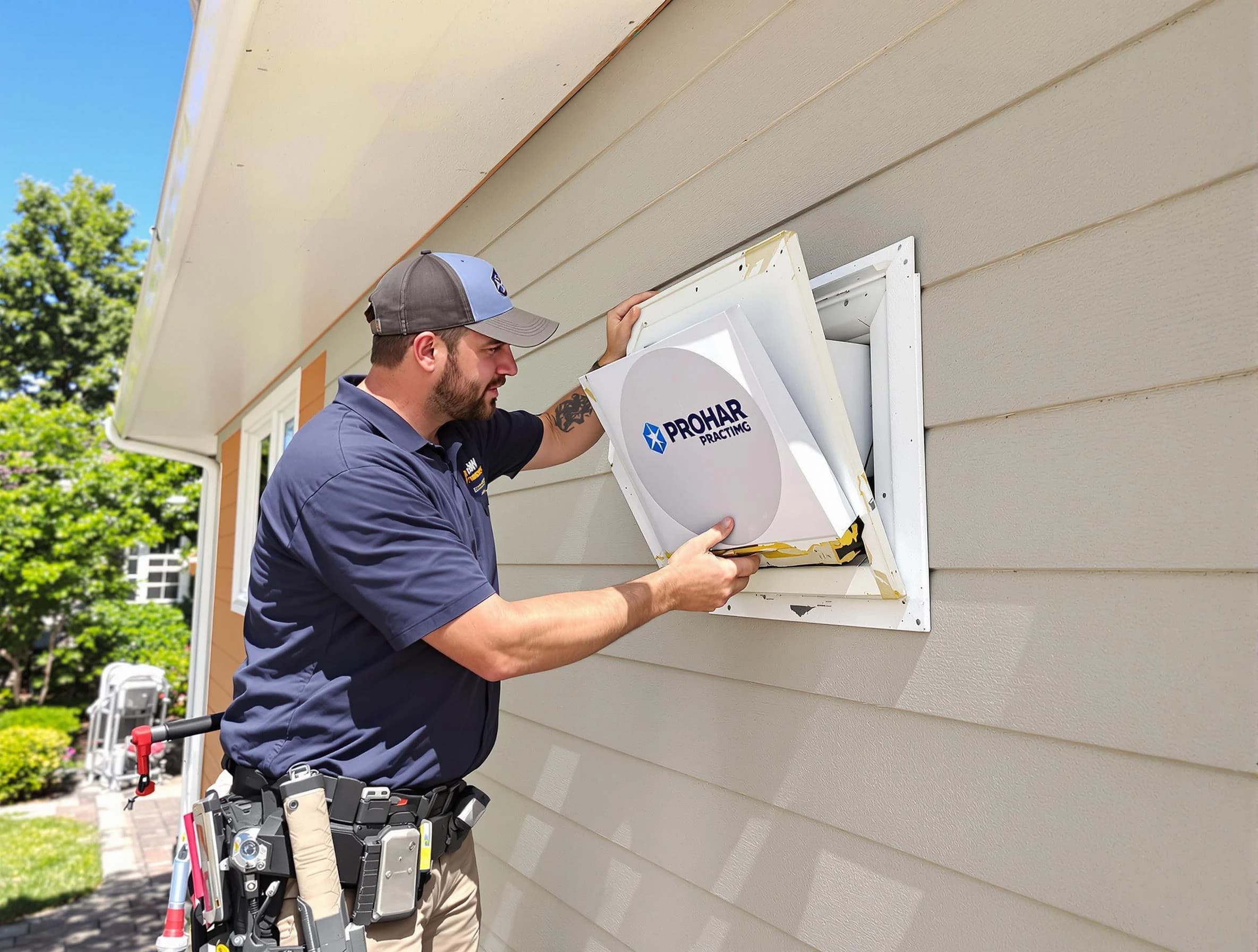 Greensburg Dryer Vent Cleaning technician installing a new protective dryer vent cover on a home in Greensburg