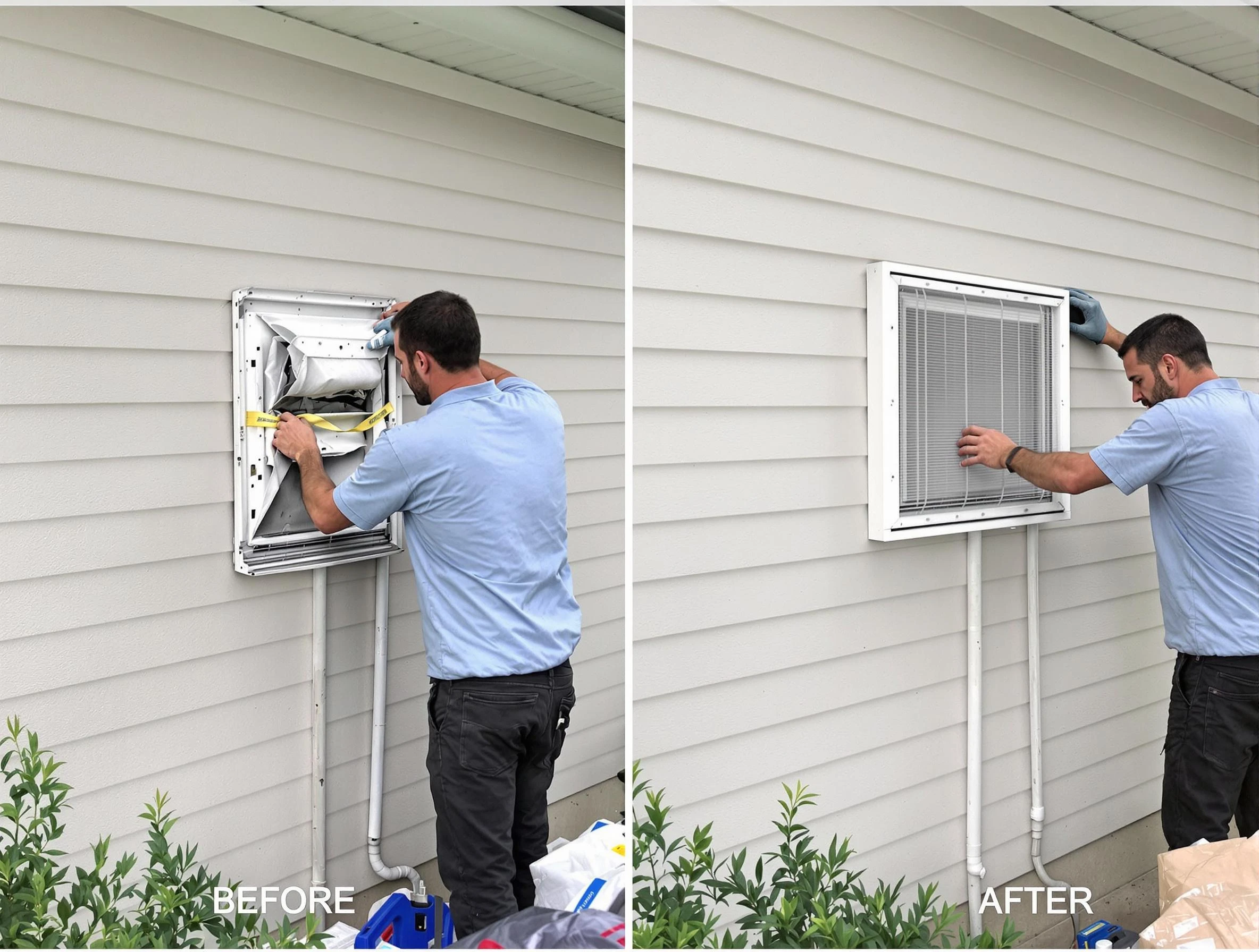 Greensburg Dryer Vent Cleaning technician installing high-quality dryer vent cover at a residential property in Greensburg